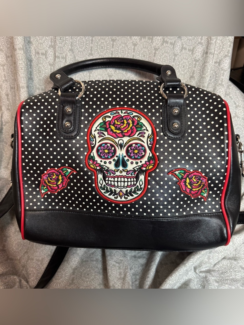Banned Alternative Black Polka Dot Sugar Skull Satchel with Pink Floral Accents